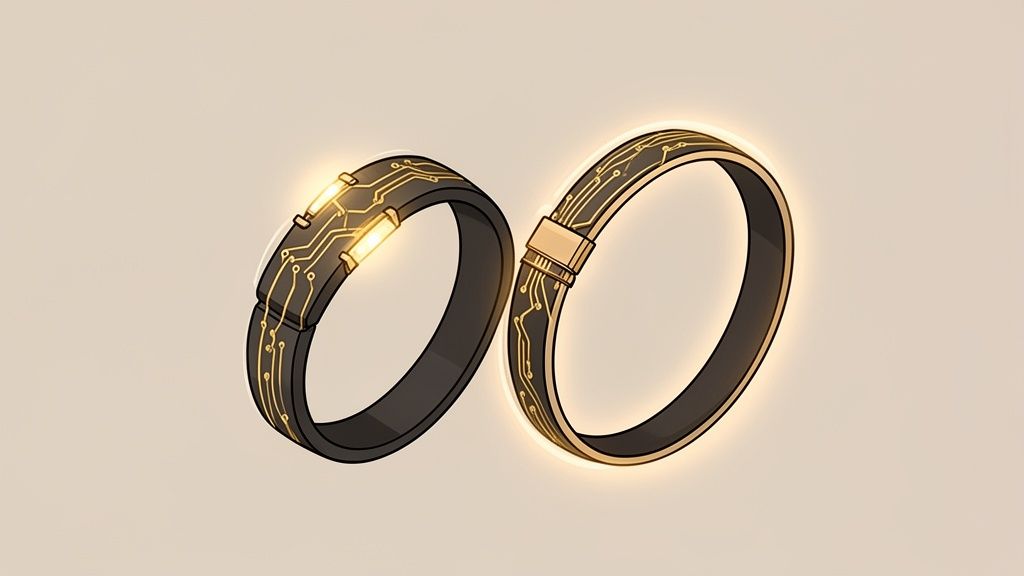 Two futuristic smart rings with glowing circuit board designs, symbolizing technology.