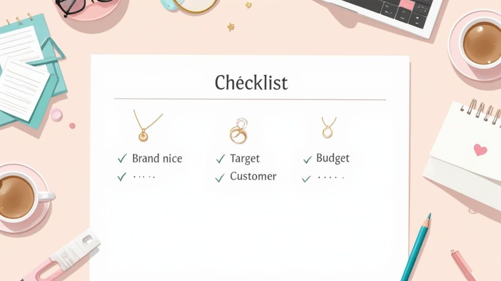 A desk flat lay showing a checklist for buying jewelry, covering brand, target, and budget.