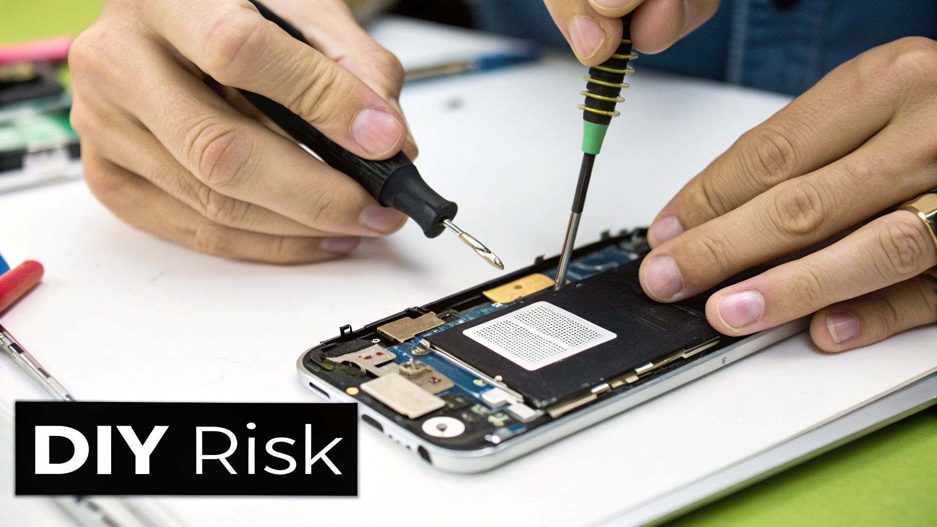 Hands using screwdrivers to open and repair an iPhone, symbolizing a DIY repair project.