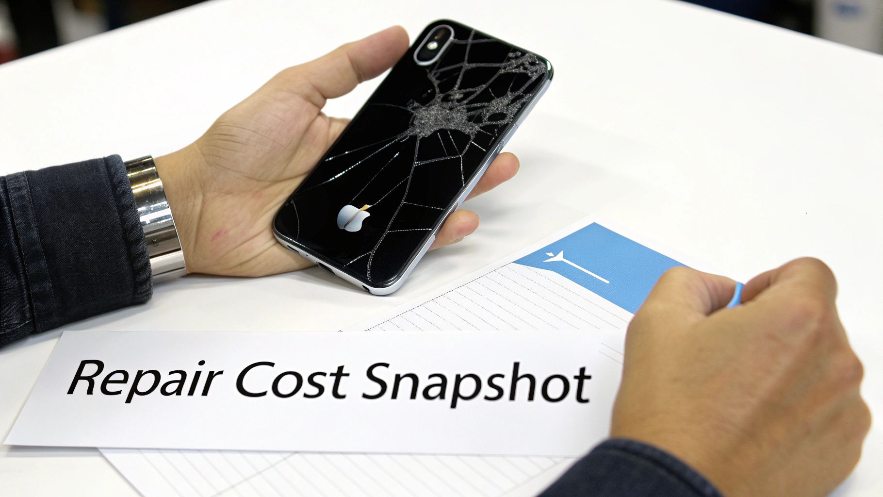 A person holds a black iPhone with a shattered back glass near a "Repair Cost Snapshot" document.