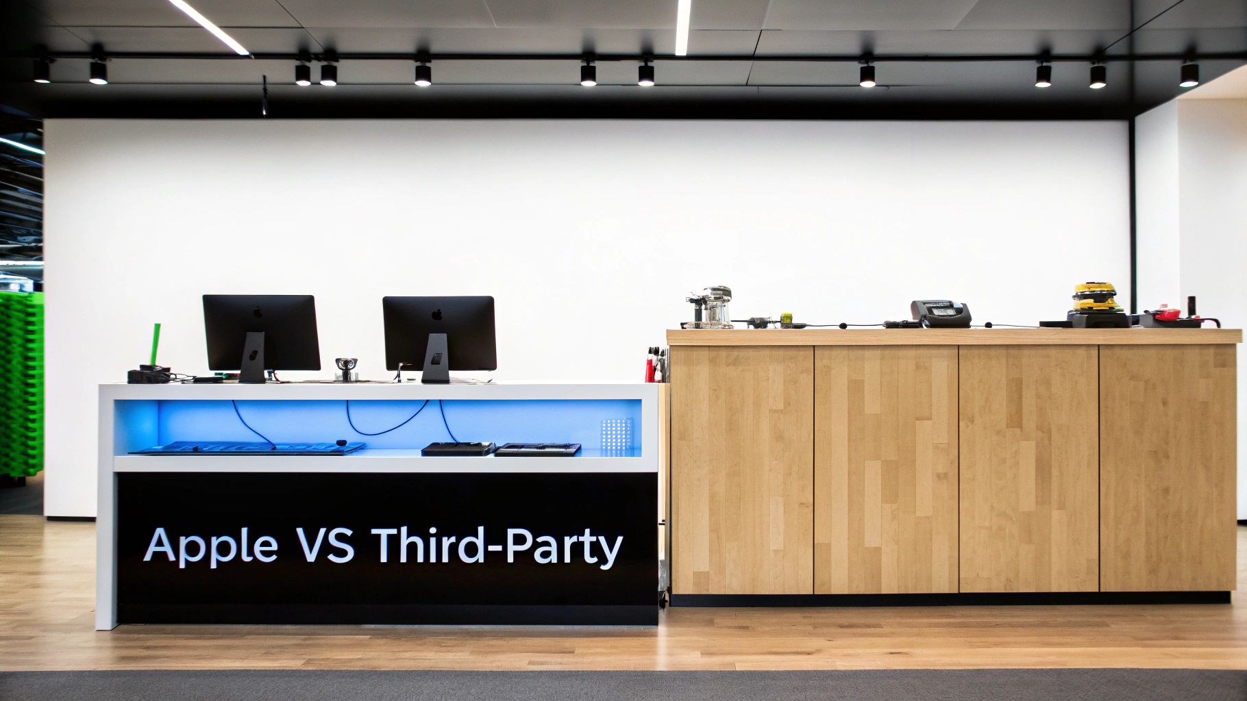 A modern tech repair counter with Apple iMac computers, tools, and 'Apple VS Third-Party' display.