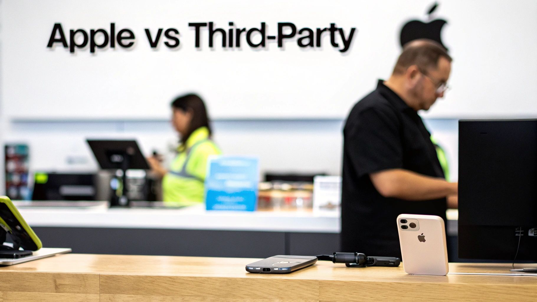 A retail store counter with 'Apple vs Third-Party' sign, displaying iPhones and staff.