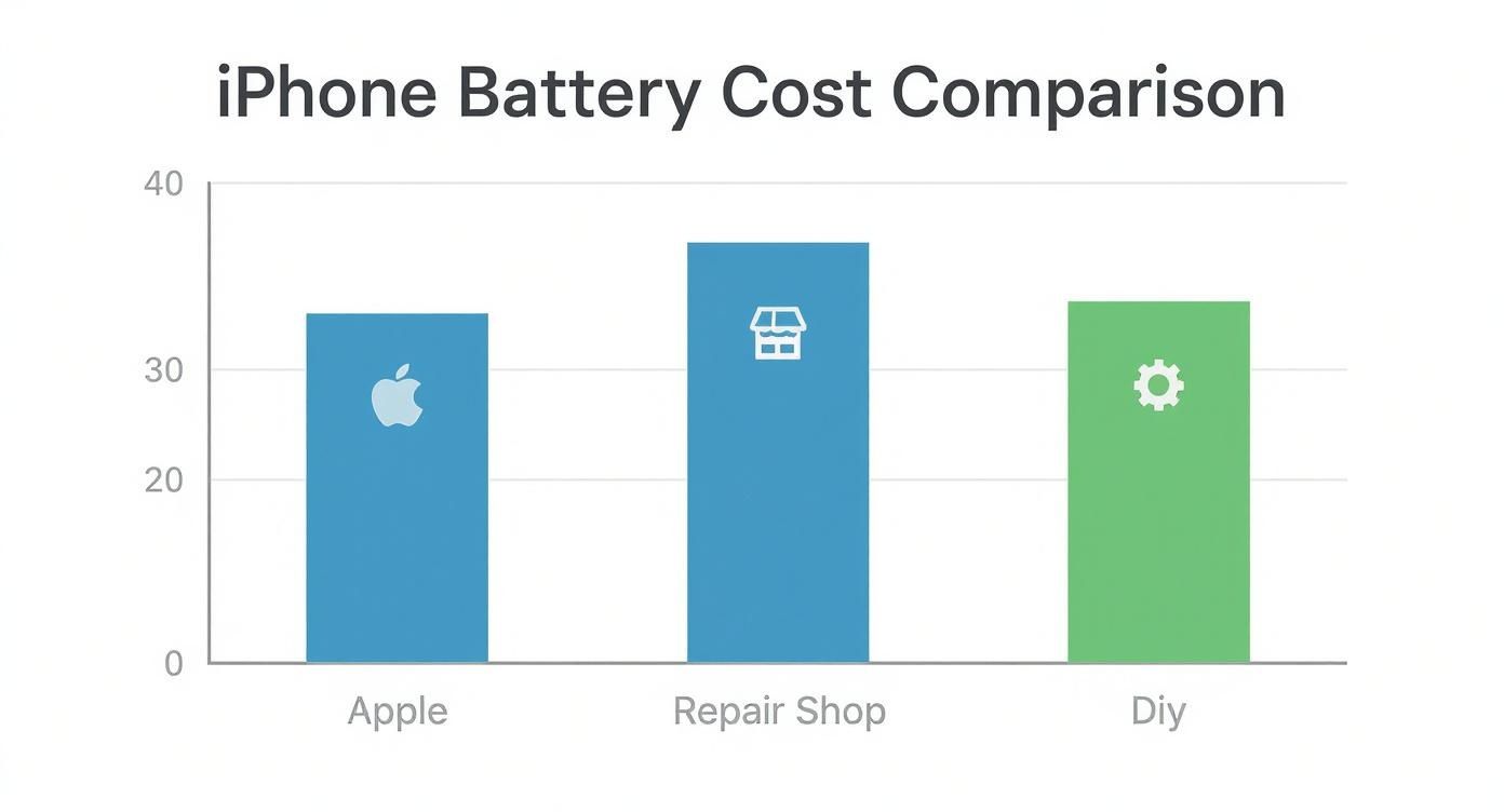 Bar chart comparing iPhone battery replacement costs for Apple, repair shops, and DIY methods.