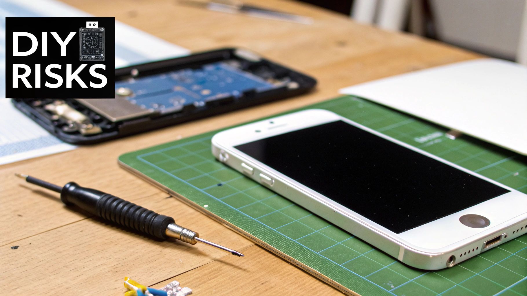 A white iPhone and a disassembled phone with a screwdriver on a repair mat, highlighting DIY risks.
