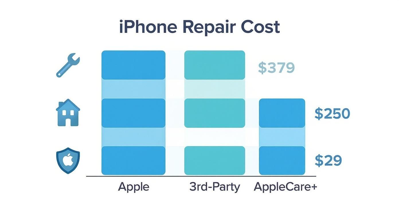 Bar chart illustrating iPhone repair cost comparison between Apple, 3rd-Party, and AppleCare+ plans.