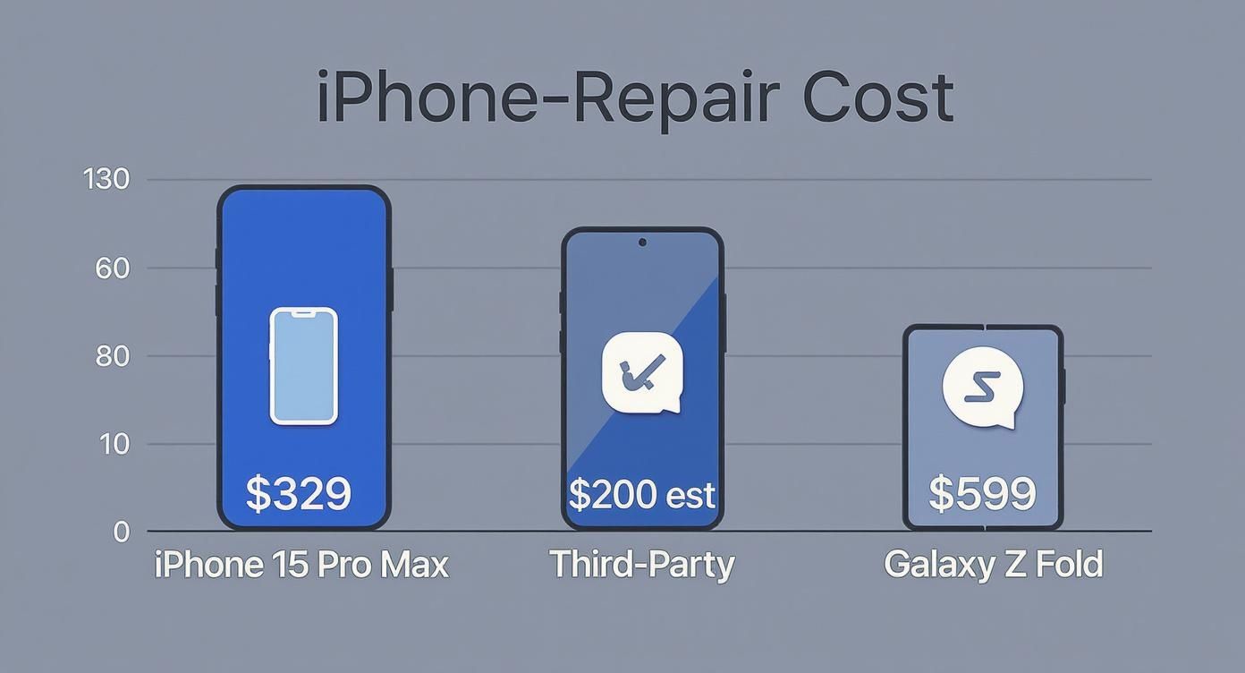 Bar chart comparing repair costs for iPhone 15 Pro Max ($329), third-party ($200 est), and Galaxy Z Fold ($599).