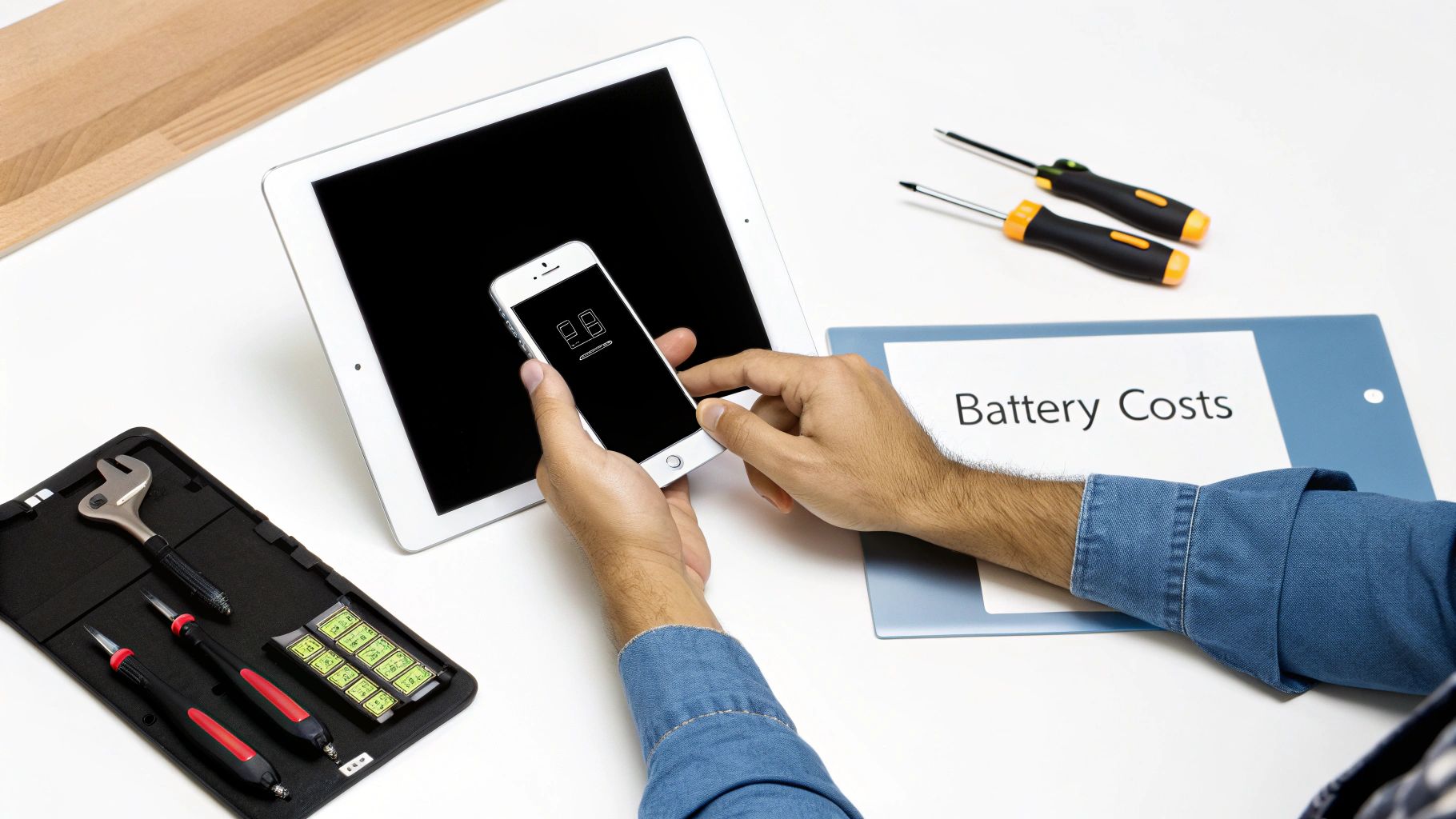 Person holding an iPhone with a blank screen, near an iPad, tools, and a document titled 'Battery Costs'.
