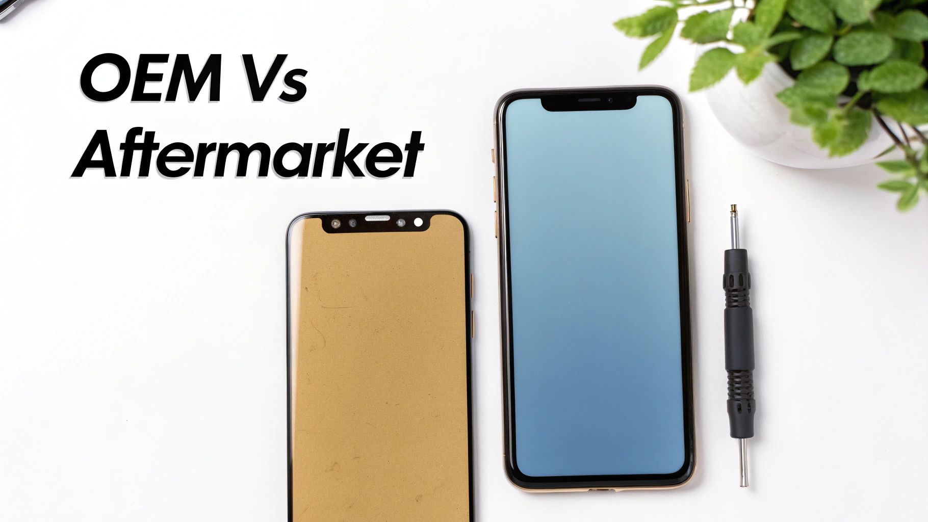 Two smartphones and a screwdriver on a white table, illustrating 'OEM Vs Aftermarket' screen repair options.