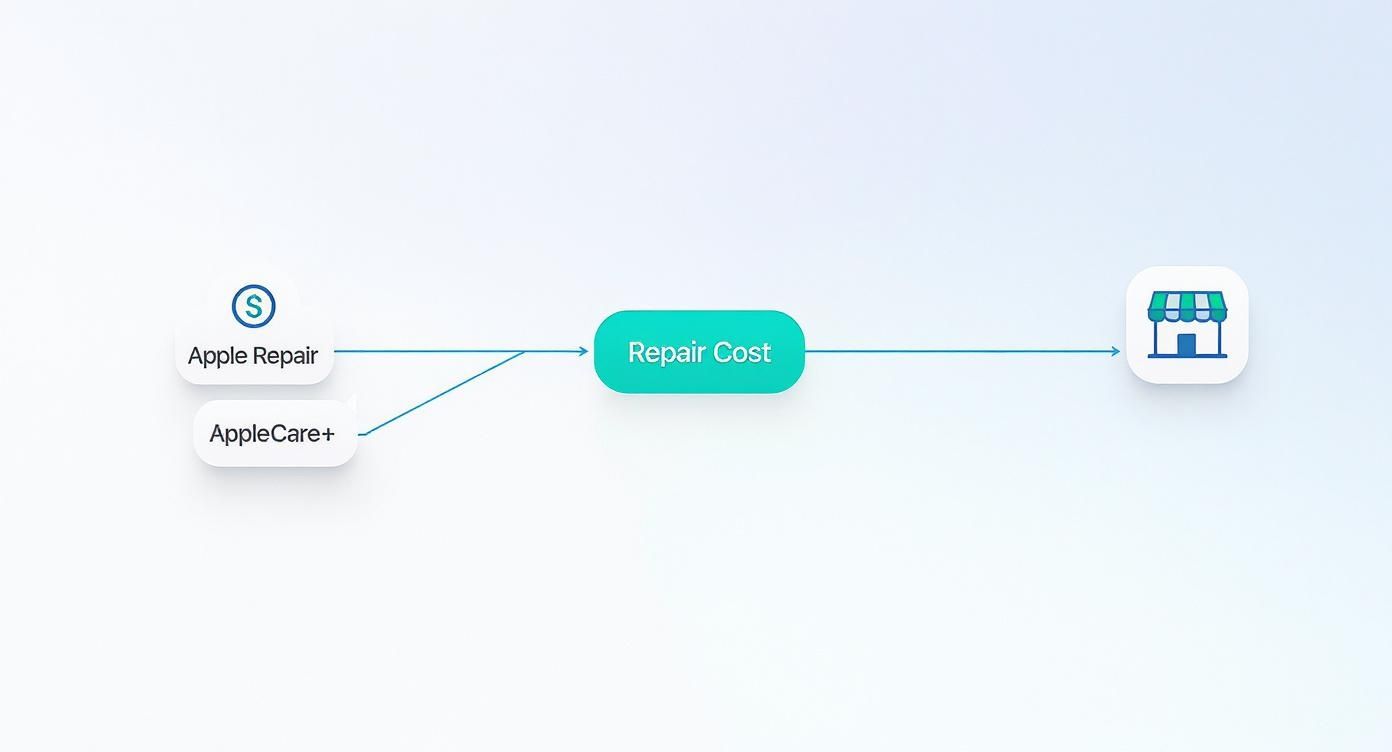 A diagram illustrates Apple Repair and AppleCare+ influencing repair costs, ending at a store.