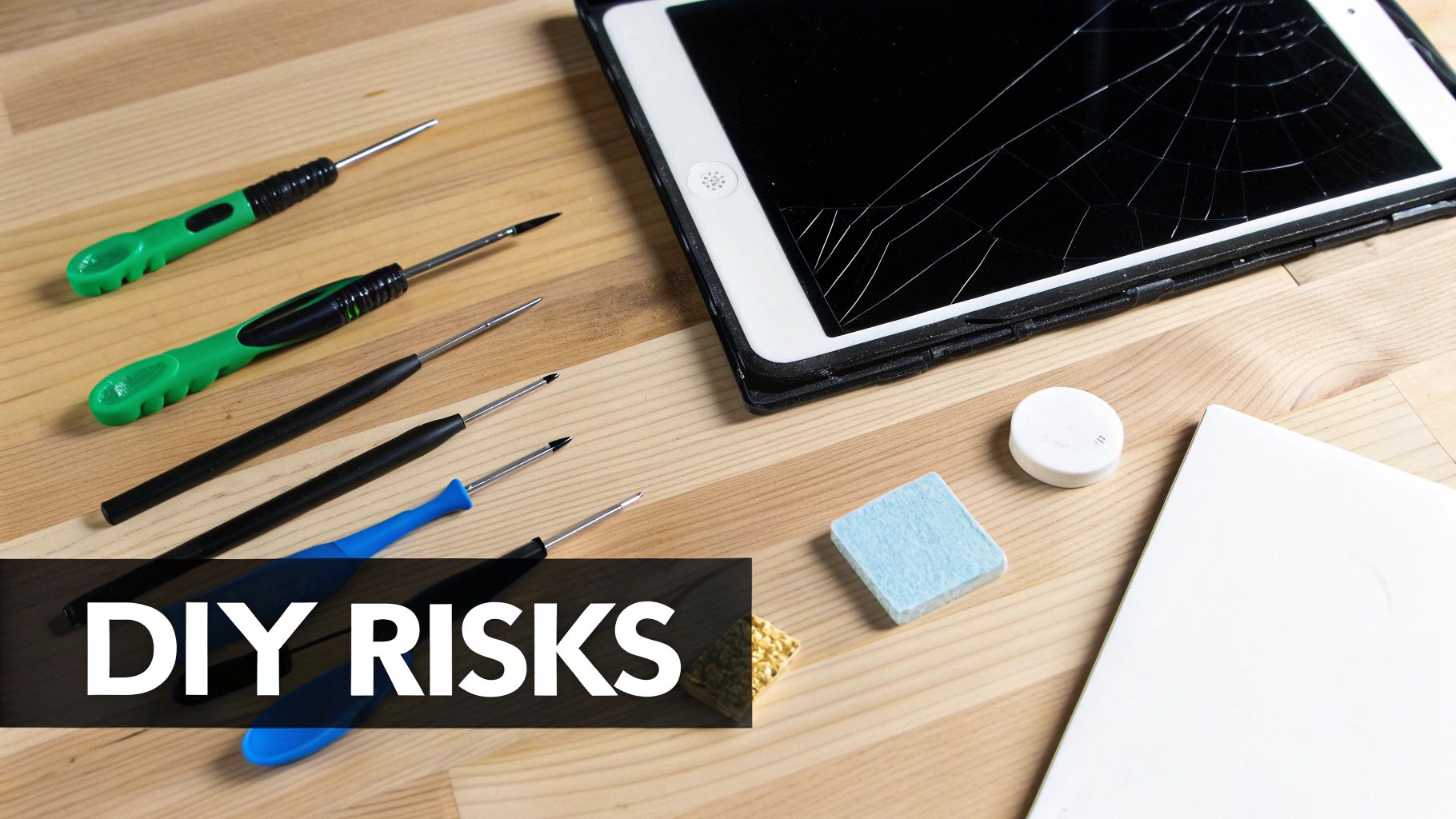 Screwdrivers and repair tools laid next to an iPad with a severely cracked screen, highlighting DIY risks.