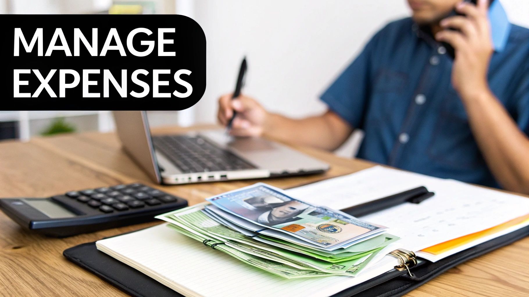 A person managing expenses at a desk with a laptop, calculator, cash, and notebook.