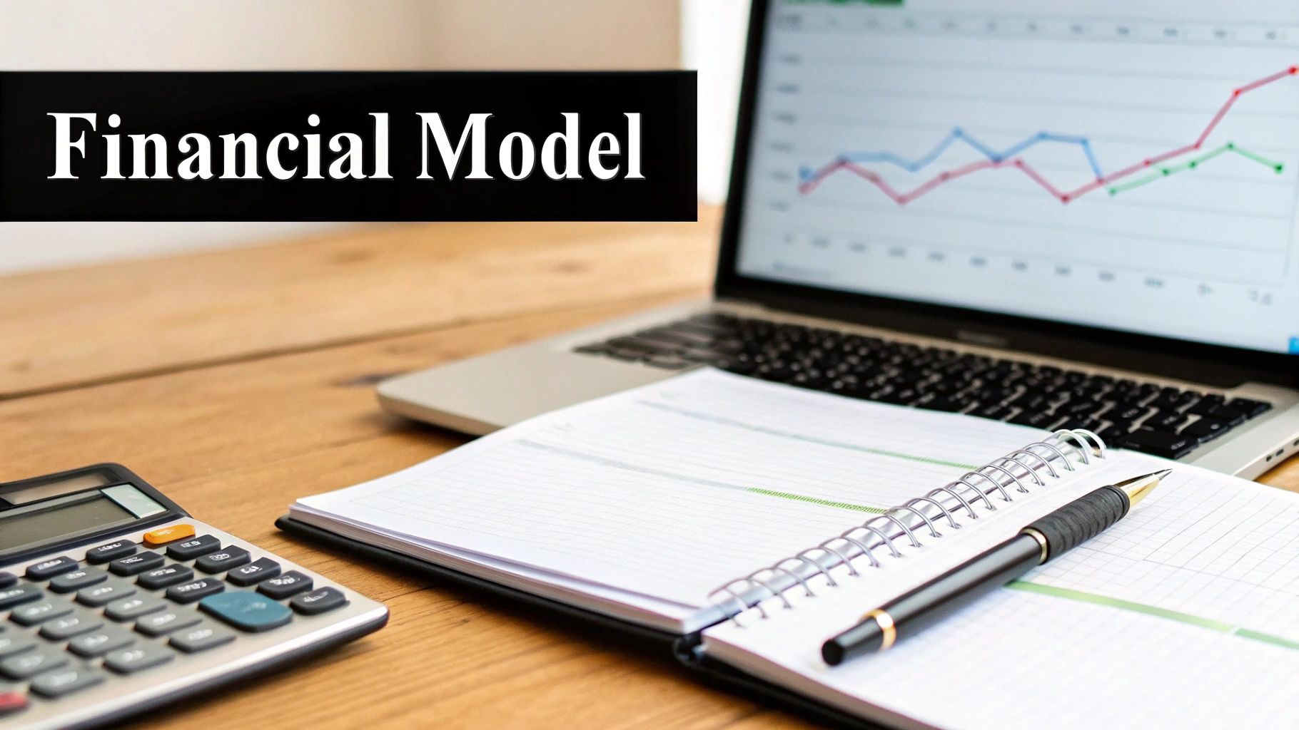A desk with a laptop displaying a financial chart, a notebook, a pen, and a calculator, labeled 'Financial Model'.