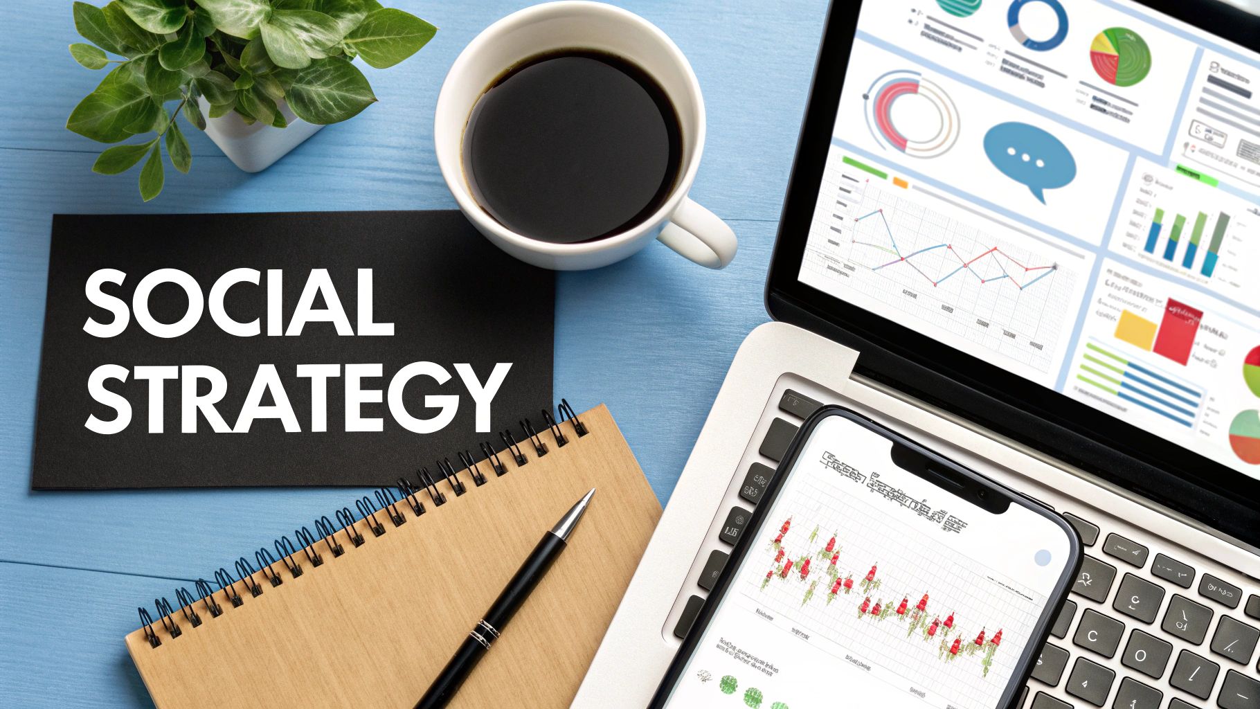 A top-down view of a workspace with 'SOCIAL STRATEGY' text, coffee, plant, laptop, and smartphone showing data analytics.