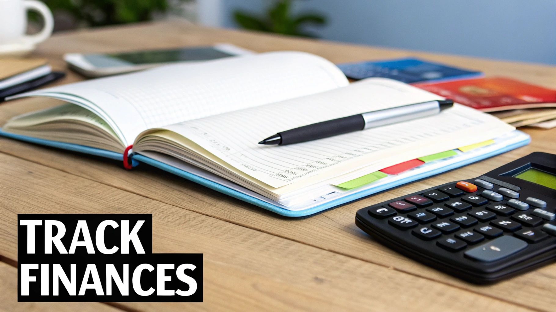 A pen on an open planner next to a calculator and credit cards on a wooden desk, symbolizing finance tracking.