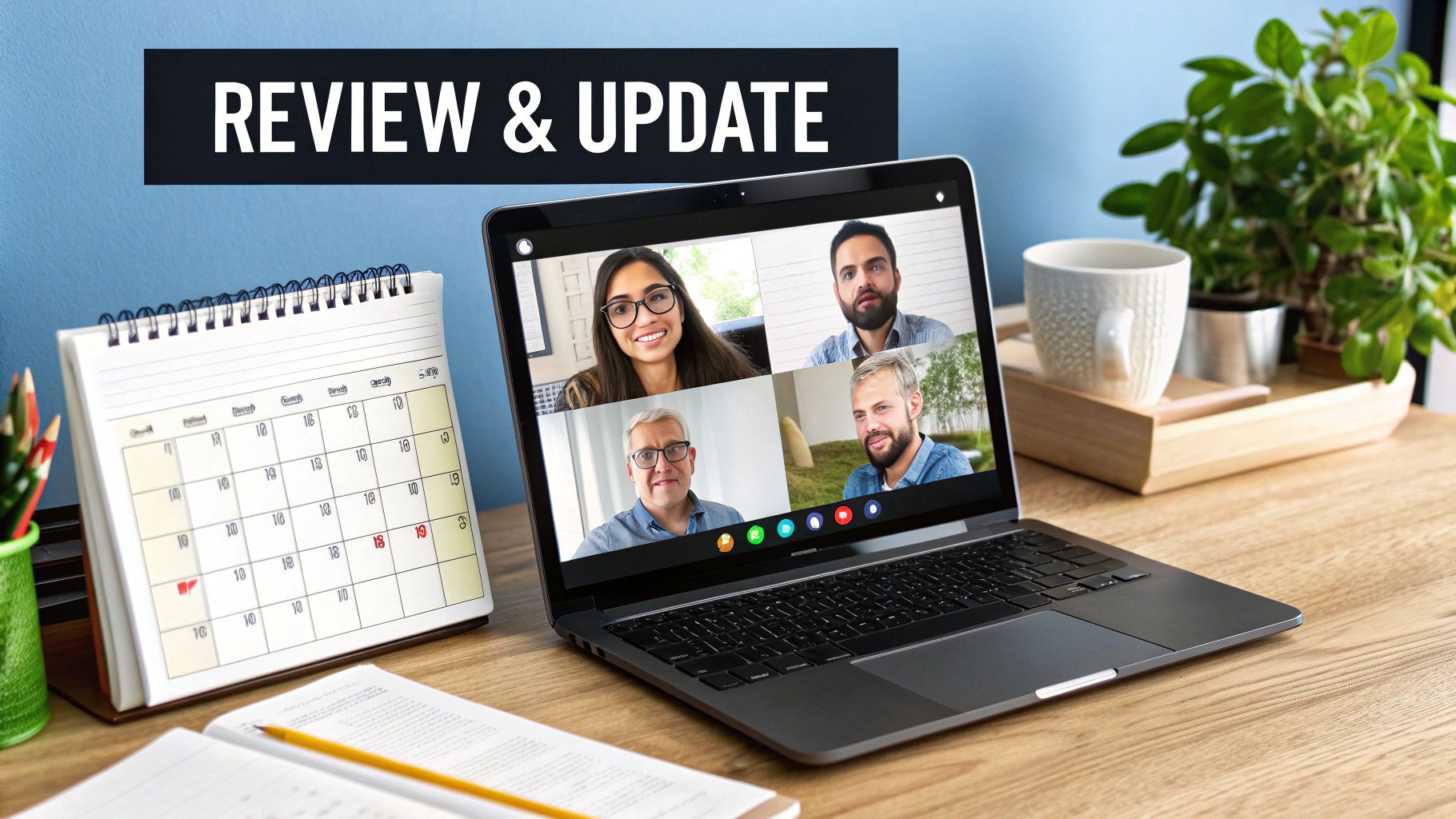 A desk with a laptop displaying a video conference, a calendar, a notebook, and a plant, under a 'REVIEW & UPDATE' banner.