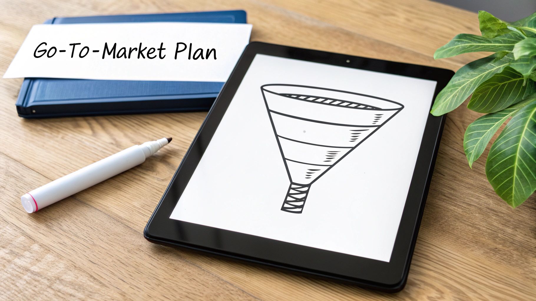 A wooden desk with a 'Go-To-Market Plan' note, a marker, a tablet showing a sales funnel, and a green plant.