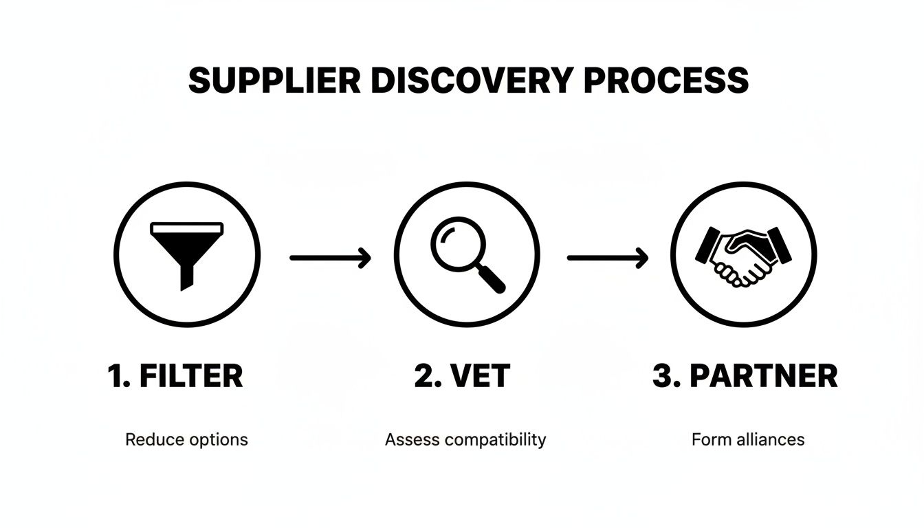 A diagram outlining a 3-step supplier discovery process: Filter, Vet, and Partner.