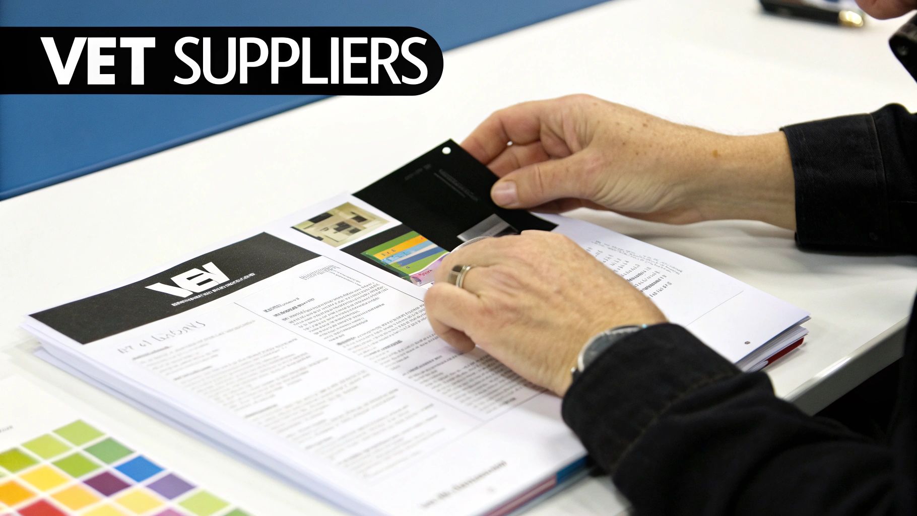 A person reviews documents and color swatches on a white desk, possibly for 'Vet Suppliers' branding.