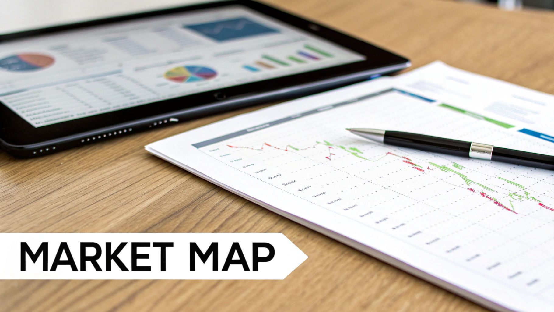 A tablet and paper document display market analysis charts and graphs with a pen on a wooden desk.