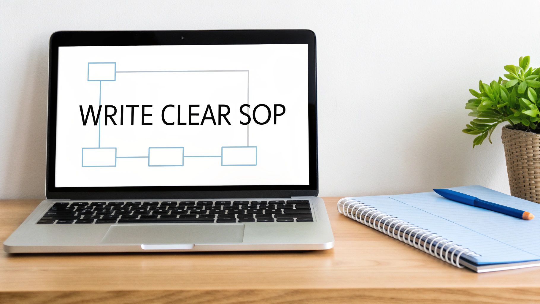 A laptop screen displays "WRITE CLEAR SOP" with a flowchart, beside a notebook and pen.