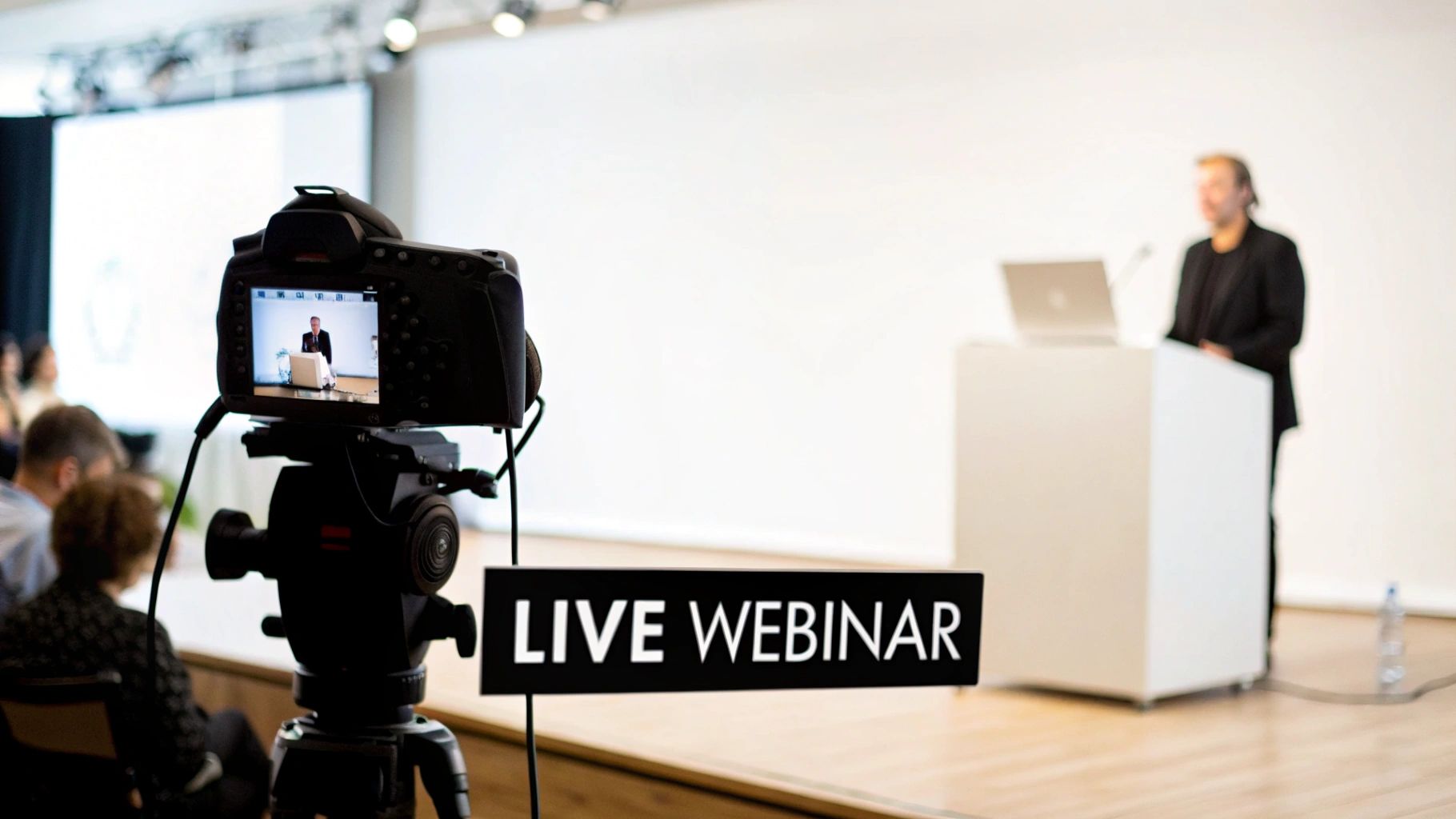 A camera records a speaker presenting at a live webinar event to an audience.