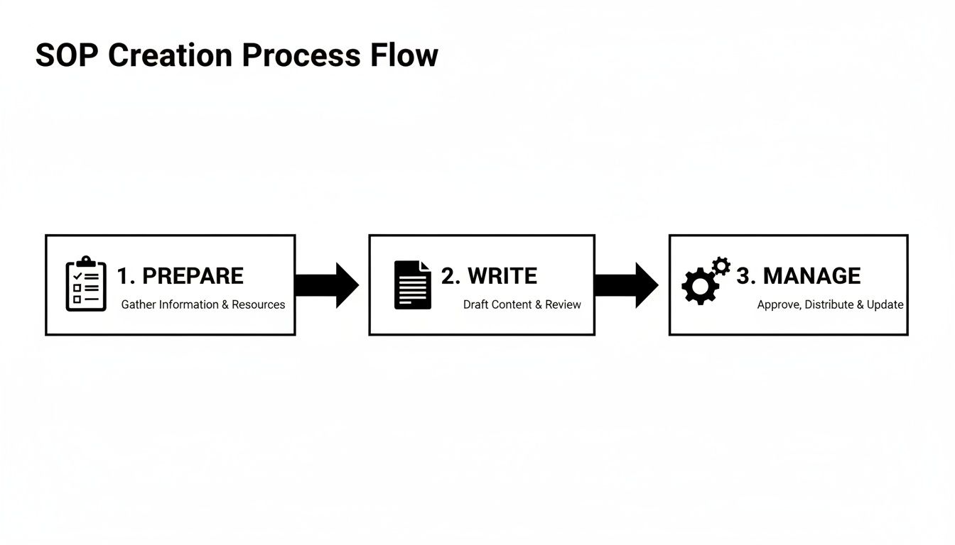 Flowchart showing three steps for SOP creation: Prepare, Write, and Manage, with descriptions.