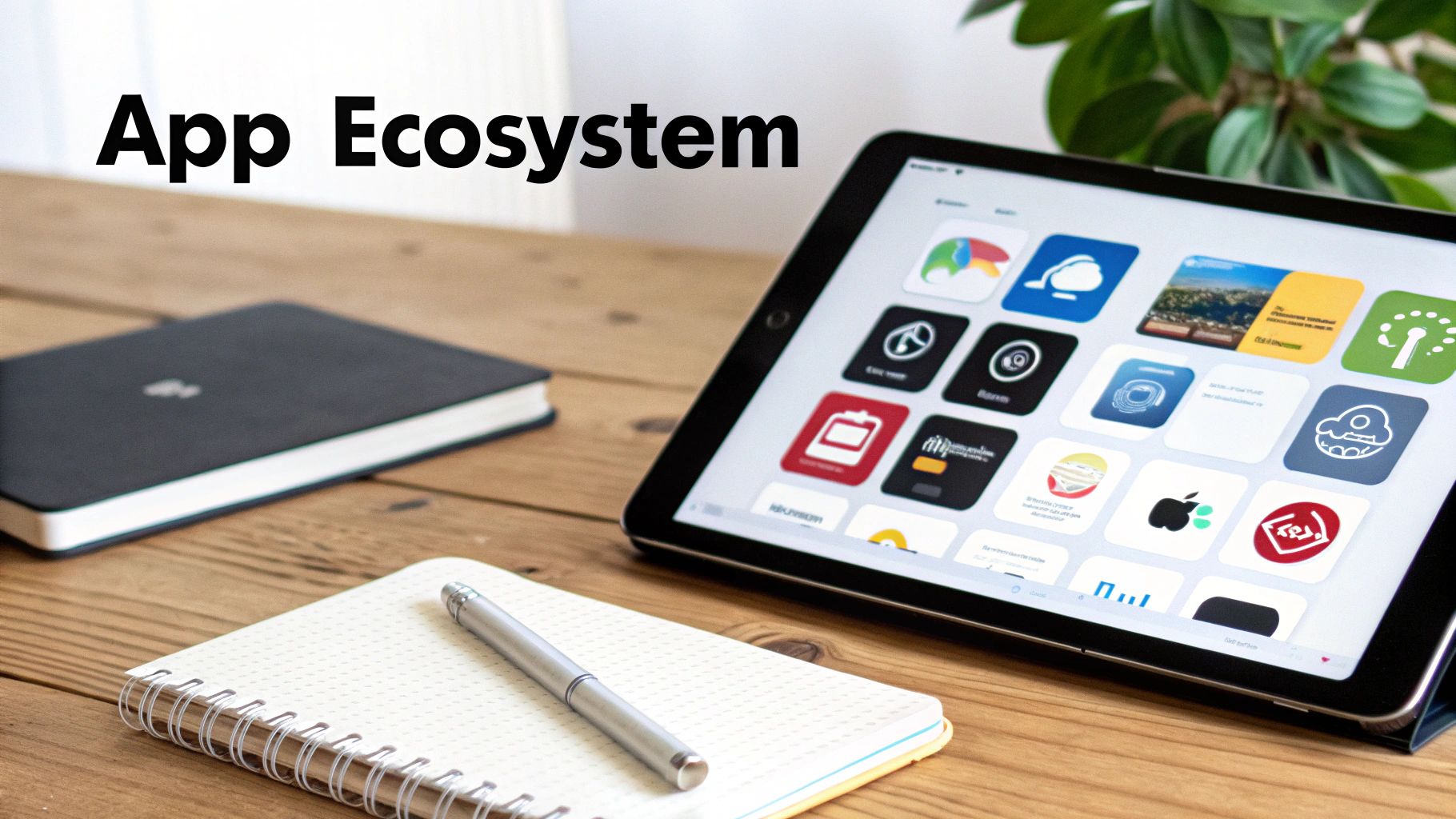 A close-up of a tablet displaying various app icons, alongside notebooks and a pen on a wooden desk, with the text “App Ecosystem” prominently displayed.