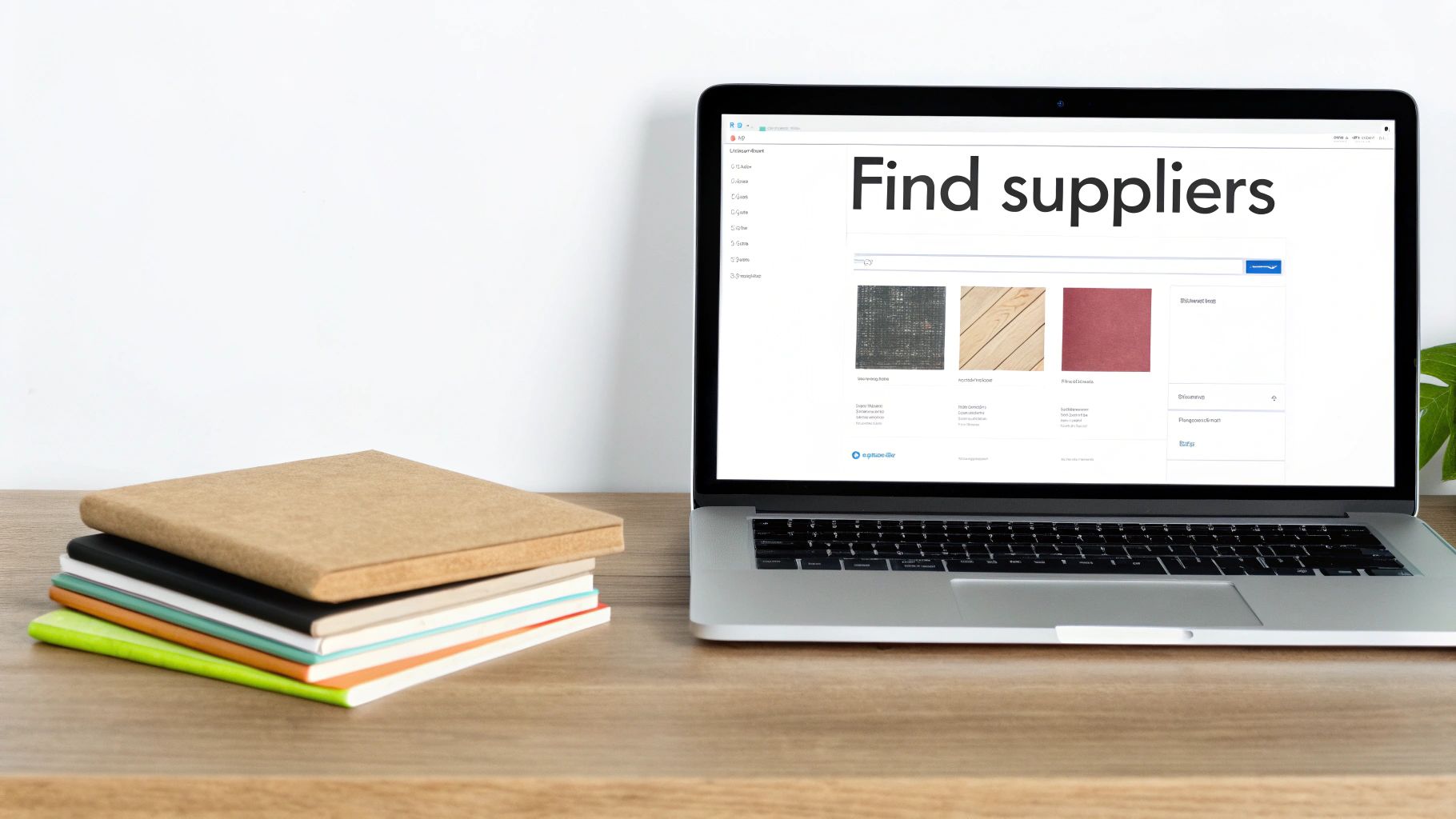 A laptop on a wooden desk displays a 'Find suppliers' search page next to a stack of colorful notebooks.