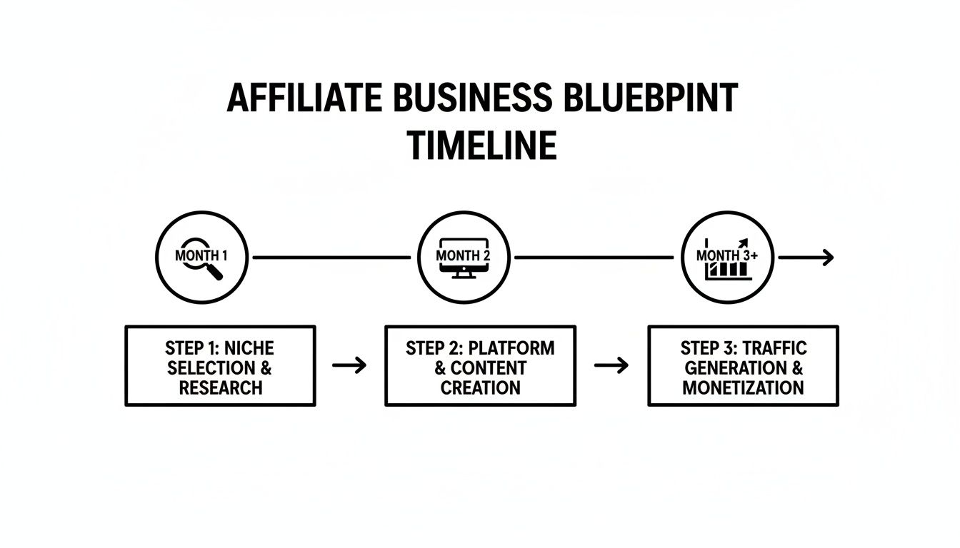Affiliate business blueprint timeline showing 3 steps: niche research, content creation, and monetization over months.