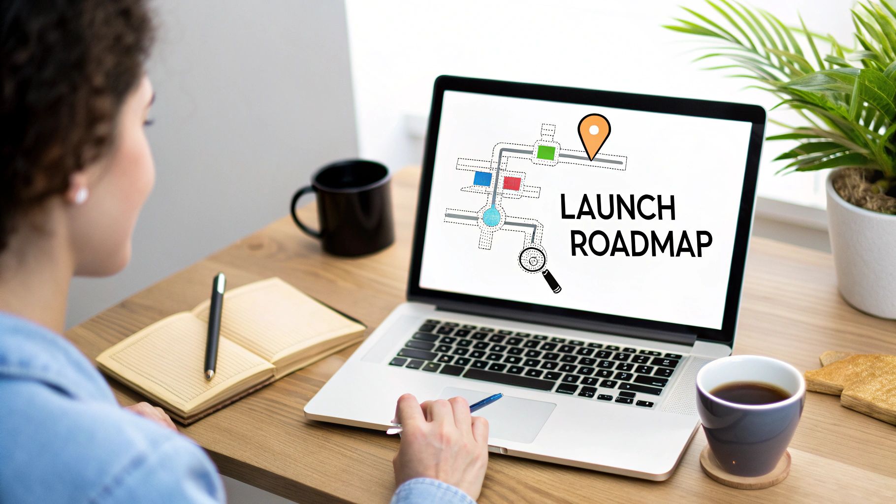 A person views a 'Launch Roadmap' on a laptop, planning with a notebook and coffee.