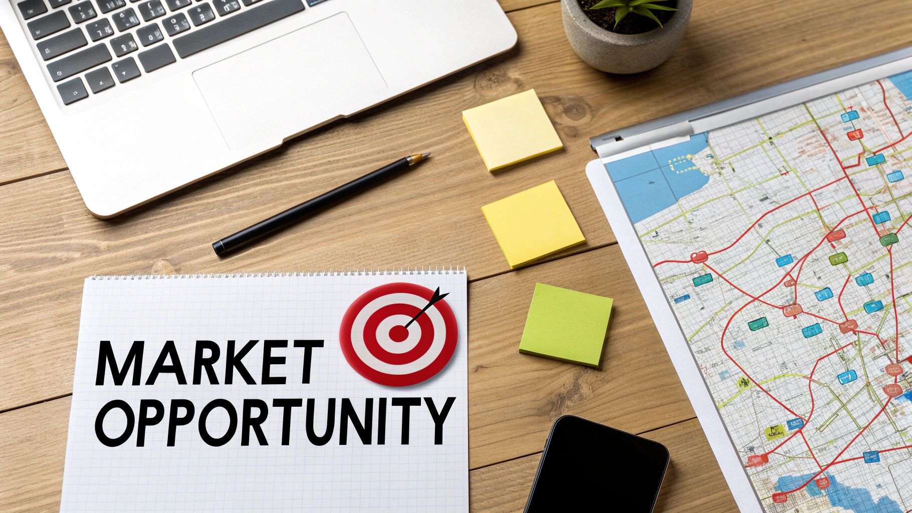 Flat lay of a desk with a notebook showing 'MARKET OPPORTUNITY' and a target, laptop, and a map.