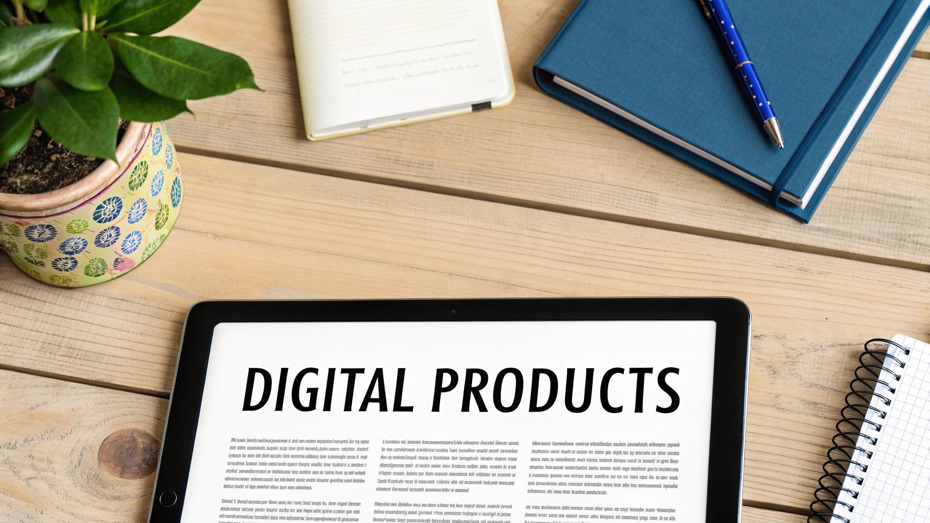 Overhead view of a digital products workspace with a tablet, plant, and various notebooks on a wooden desk.