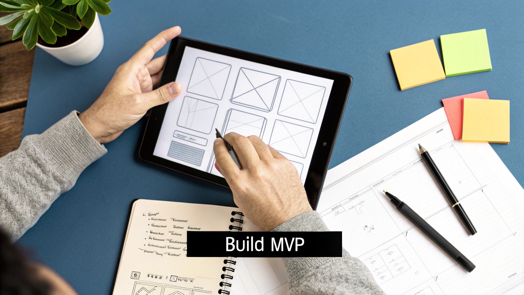 A person designs UI wireframes on a tablet, surrounded by a notebook, pens, and sticky notes.