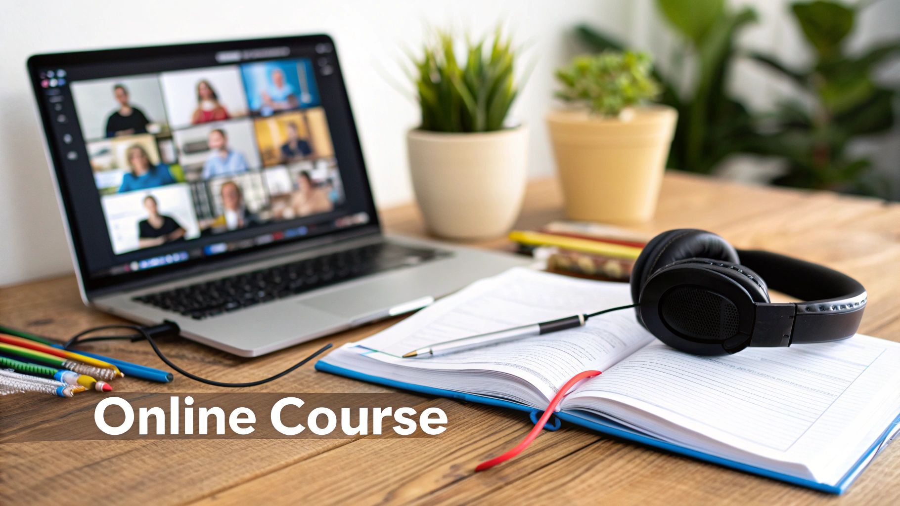 A laptop displaying an online video call, a notebook, headphones, and pencils on a wooden desk, symbolizing an online course.