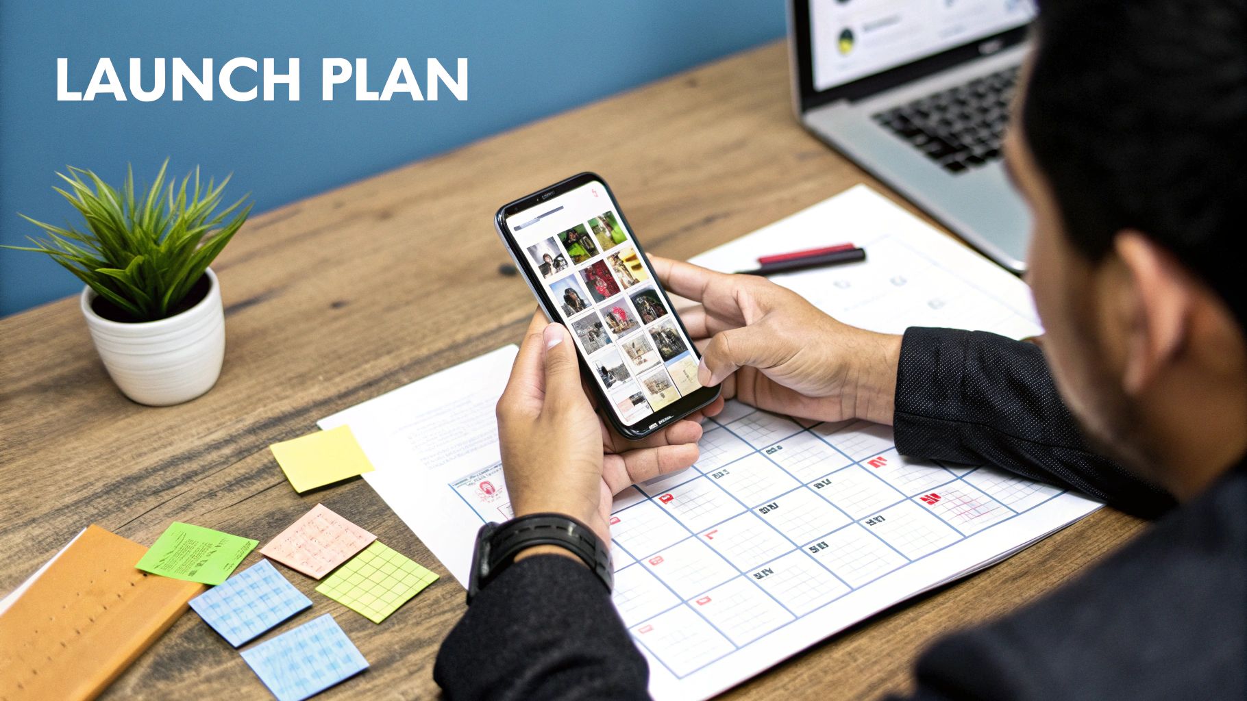 A person plans a launch, viewing images on a smartphone over a calendar and notes on a desk.