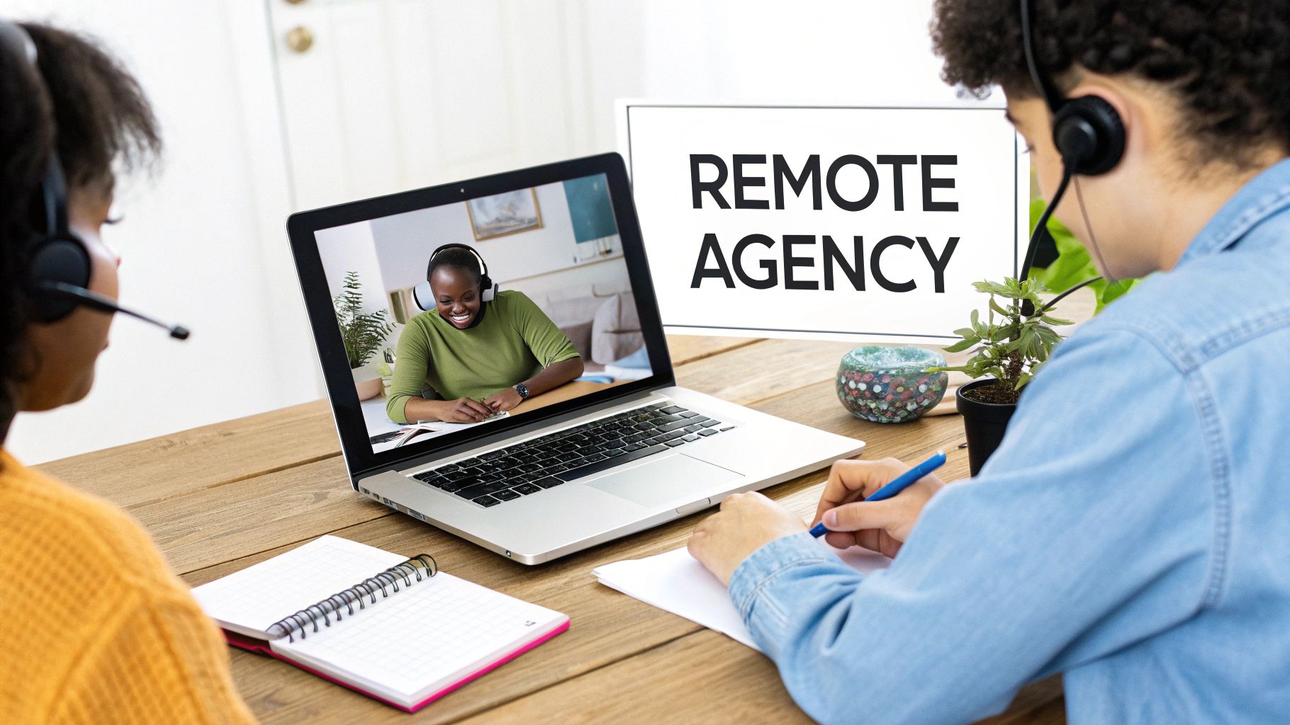 Two people with headsets collaborate remotely on a laptop video call with a remote agency.