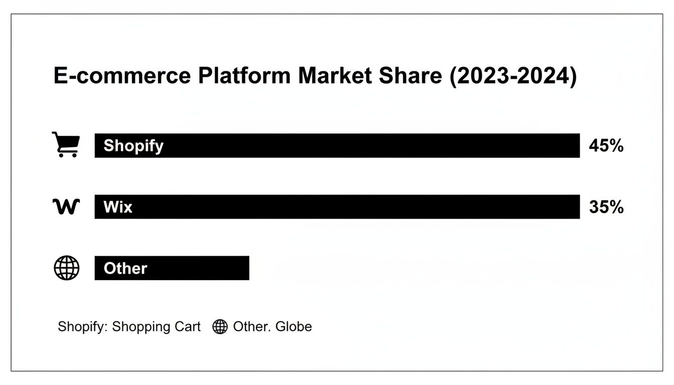 Chart illustrating e-commerce platform market share for 2023-2024: Shopify 45%, Wix 35%, Other 20%.