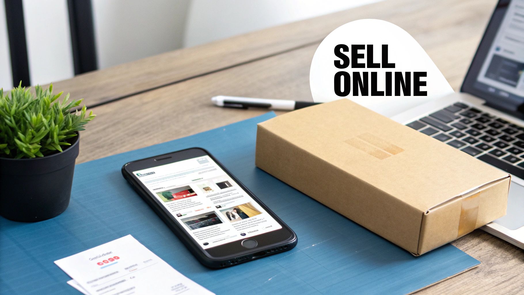 A smartphone displaying an e-commerce website, a shipping box, and a laptop on a desk, with 'SELL ONLINE' text.