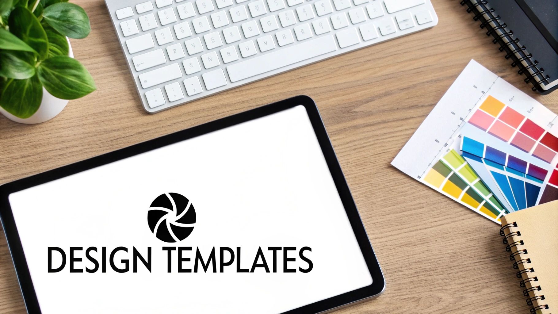 A flat lay of a designer's desk with a tablet showing 'DESIGN TEMPLATES', keyboard, plant, and color swatches.