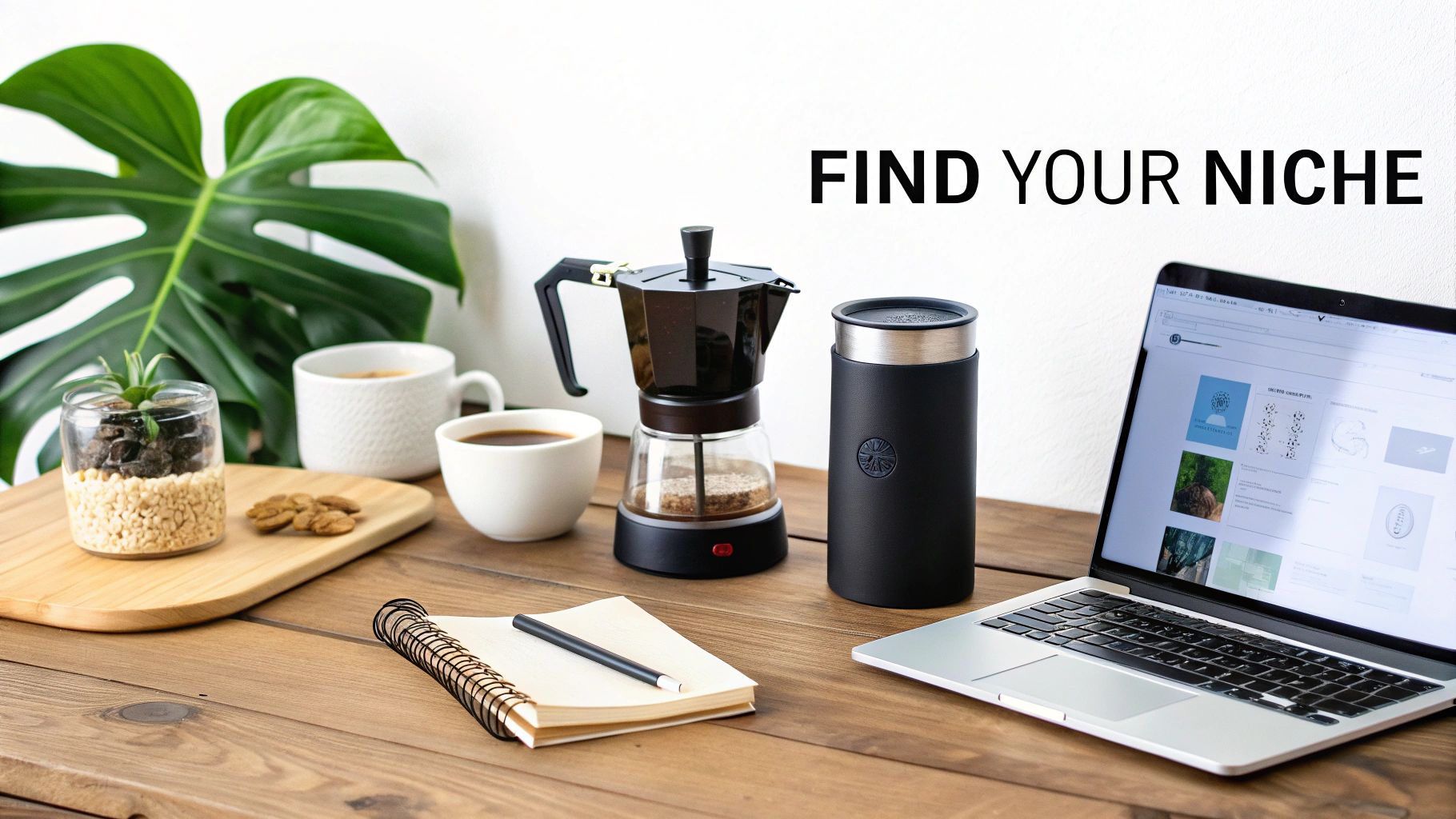 A clean wooden desk with a coffee maker, cups, a plant, a laptop, and a notebook, with text "FIND YOUR NICHE" on the wall.