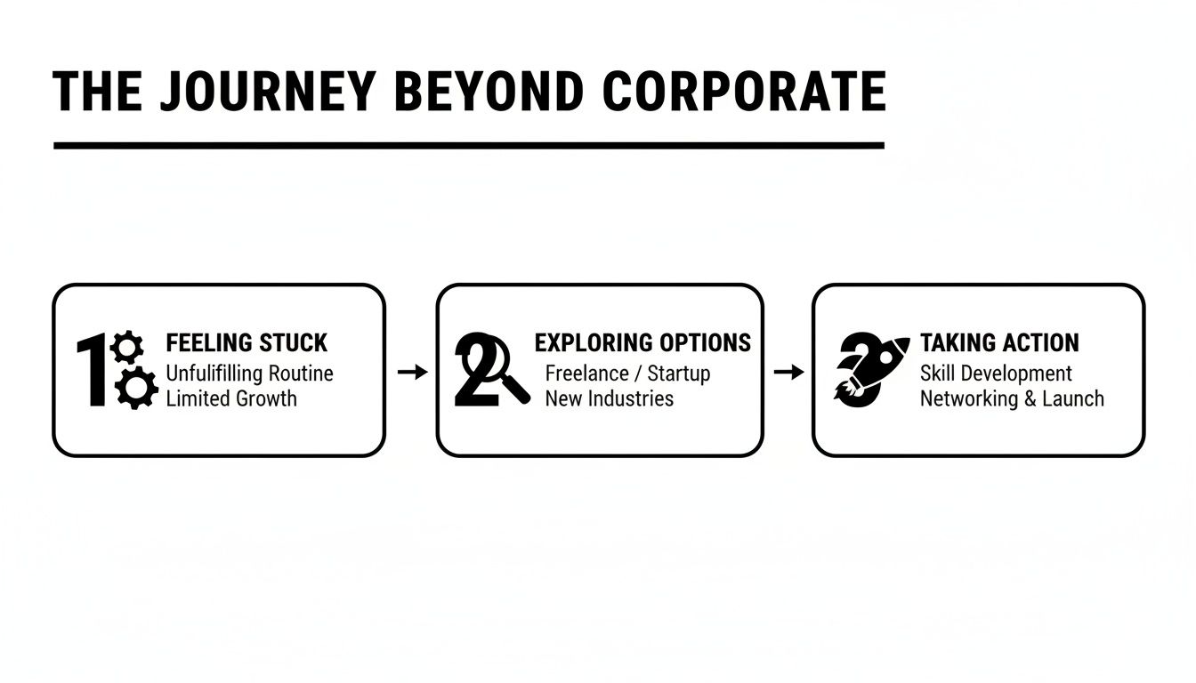 Infographic showing a three-step journey beyond corporate: Feeling Stuck, Exploring Options, and Taking Action.