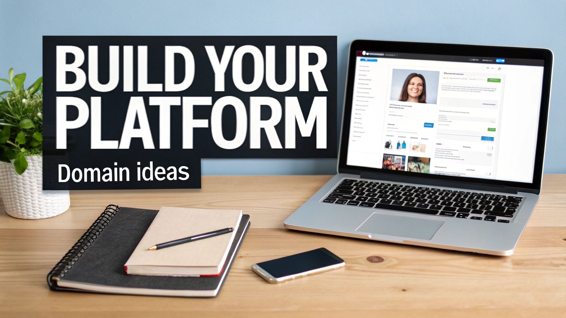 A desk setup with a laptop displaying a profile page, notebooks, and a sign saying 'BUILD YOUR PLATFORM' with 'Domain ideas'.