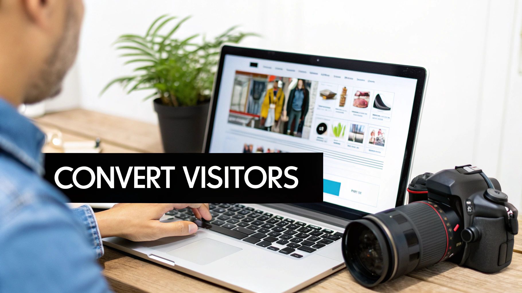 A person types on a laptop displaying an e-commerce website, with a DSLR camera nearby. Text: Convert Visitors.