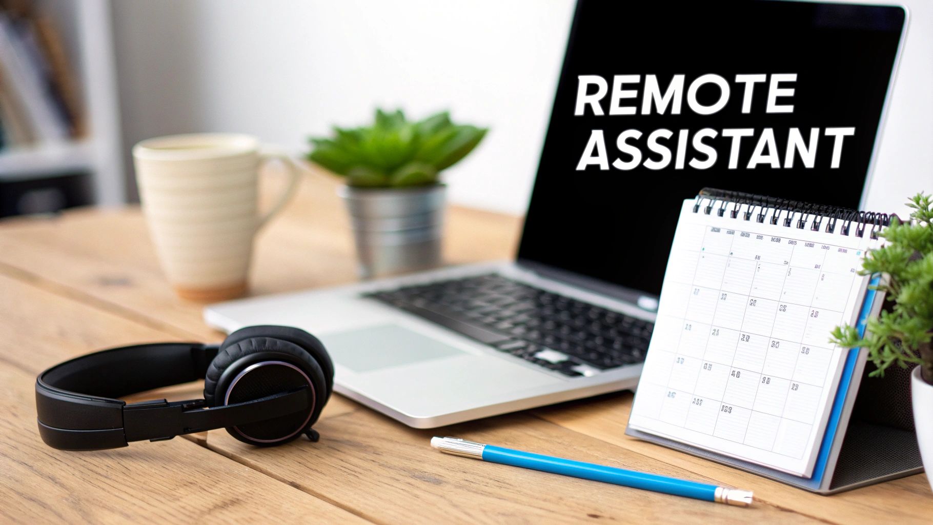 A laptop displaying 'REMOTE ASSISTANT' on a desk with headphones, a coffee mug, and a calendar.