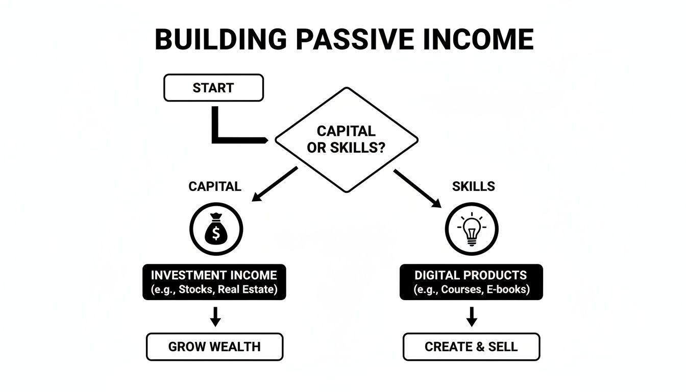Flowchart illustrating two main paths for building passive income: capital investments or skills.