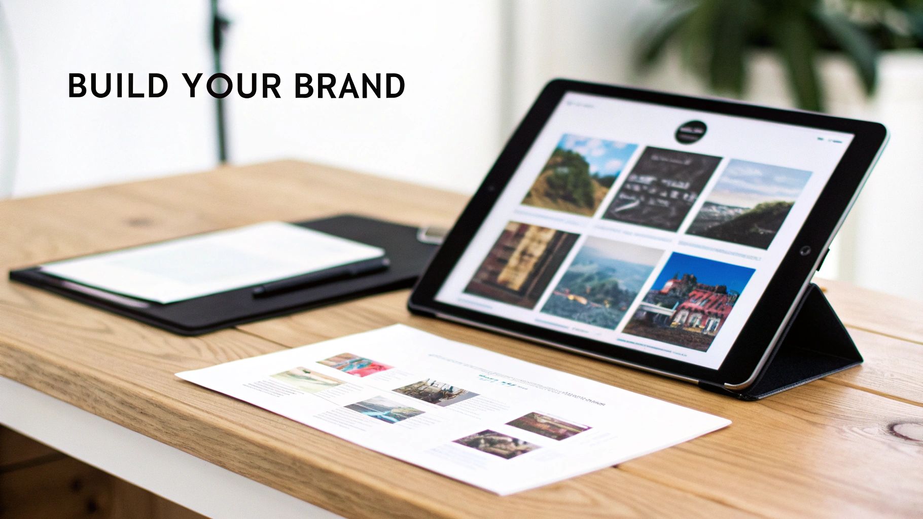 A wooden desk with a tablet displaying a photo gallery and documents, suggesting brand building strategies.