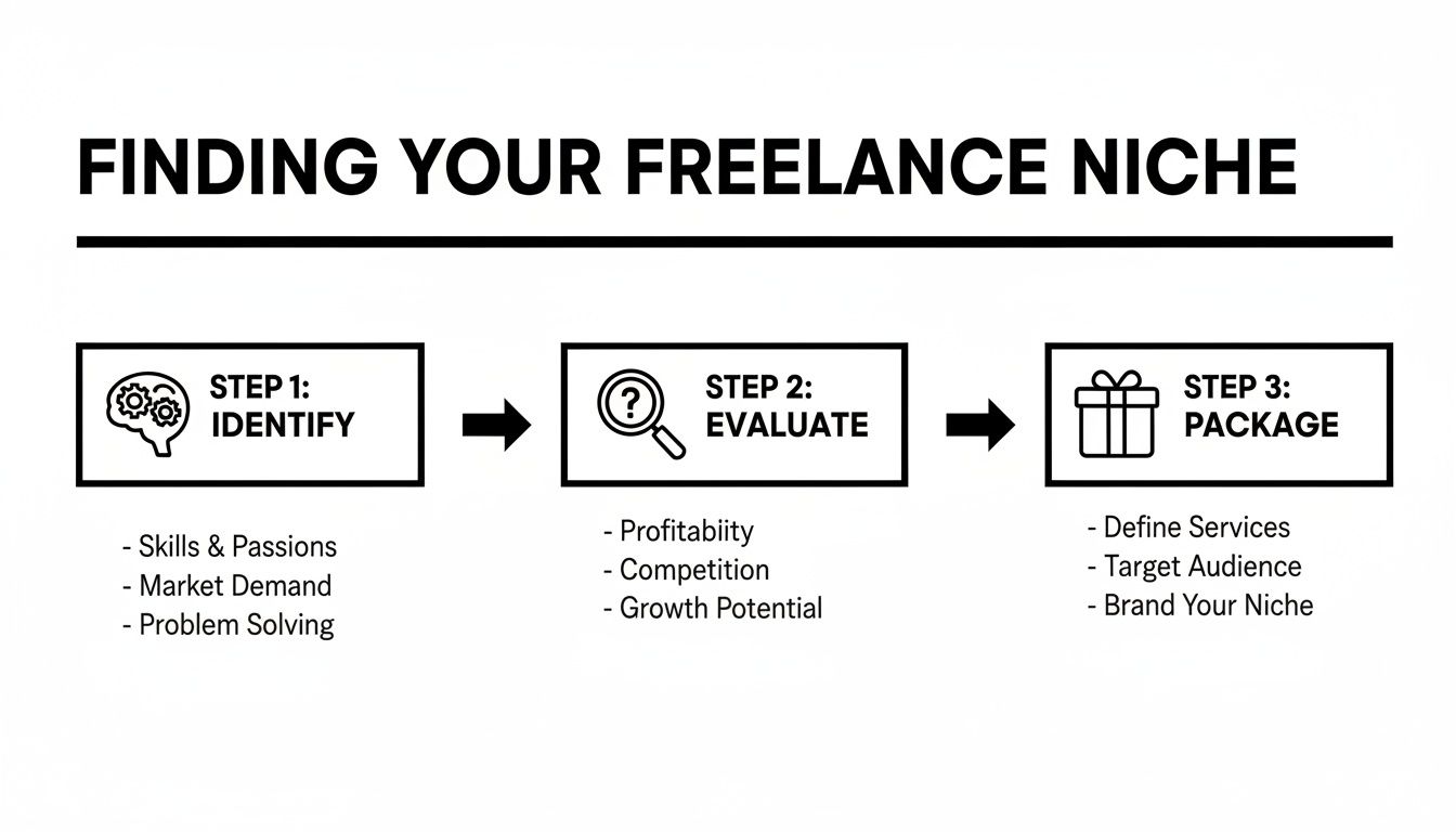 Infographic illustrating a 3-step process to find and package your freelance niche.