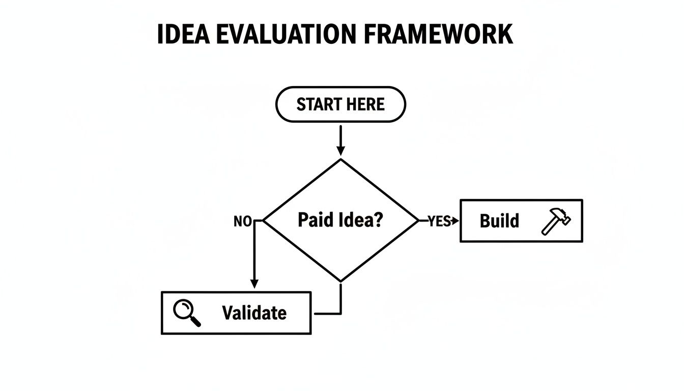 A flowchart titled 'Idea Evaluation Framework' guides ideas from 'Start Here' to 'Paid Idea?' leading to 'Build' or 'Validate'.