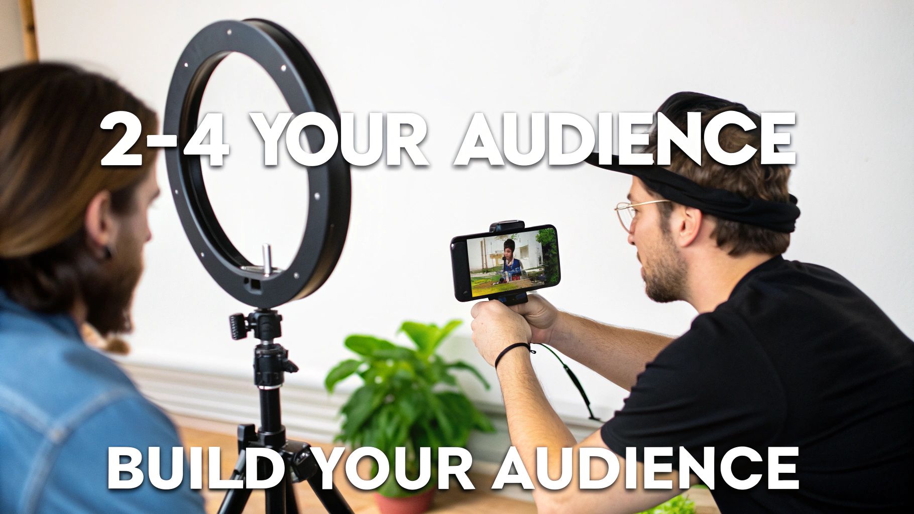 A man films another man with a smartphone and ring light, illustrating audience building.
