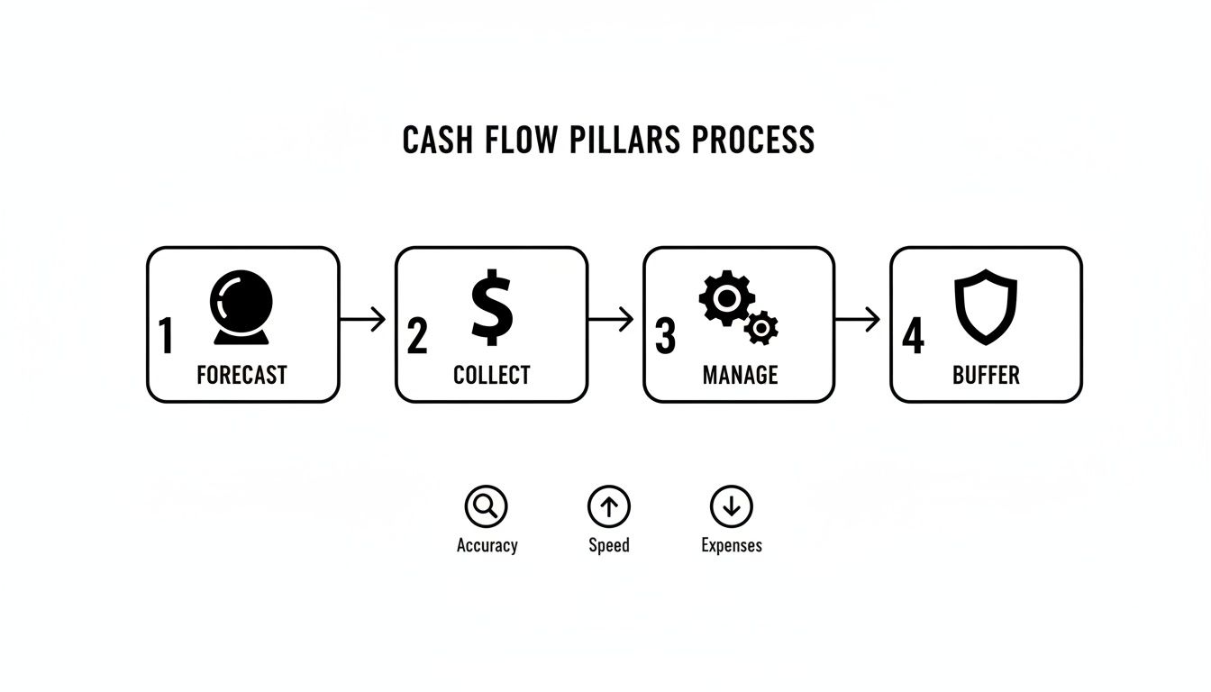 A flowchart illustrating the four-step Cash Flow Pillars Process: Forecast, Collect, Manage, and Buffer.